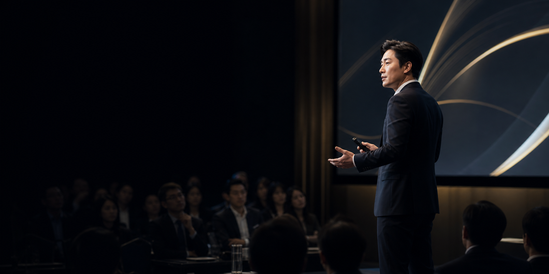 글로벌 컨퍼런스 무대에서 발표하는 발표자